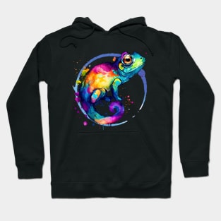 Colorful Chameleon Watercolor Splash Art Print - Blue Hoodie